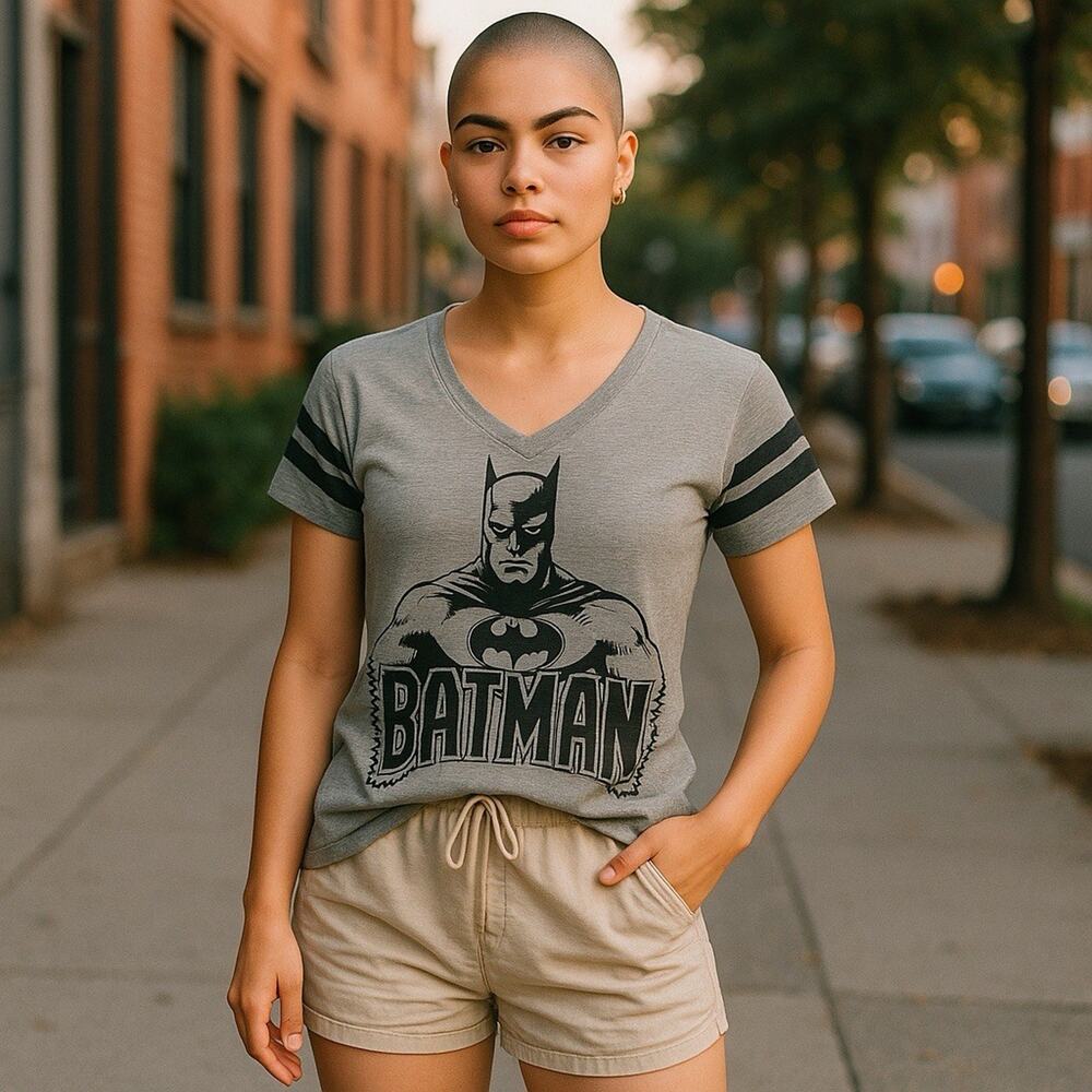 Batman Tee shirt L Large Youth V-Neck Gray‎ Black Batman Graphic Short Sleeve
